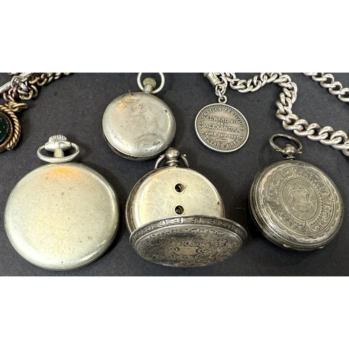 658 - Four open faced key wound pocket/fob watches; 2 watch chains with medallions.