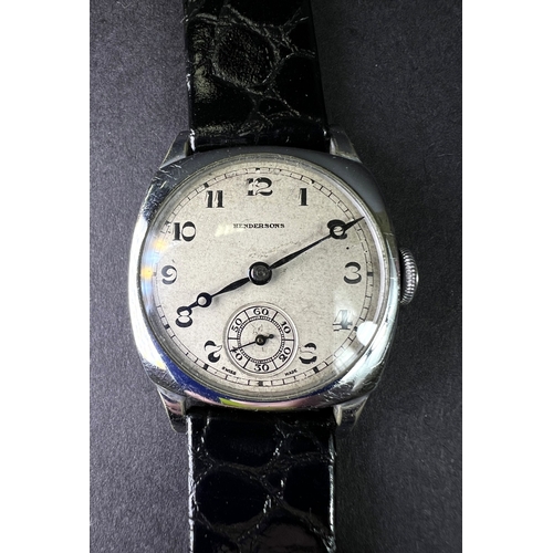 684 - A 1930's gents cushion shaped Henderson's wristwatch with Arabic numerals, seconds dials with Hender... 