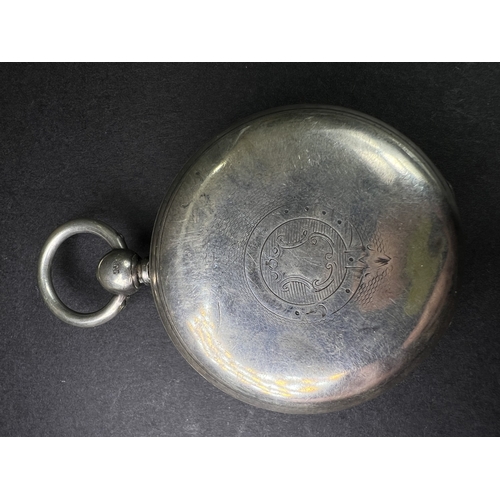 712 - Two silver cased open faced pocket watches and a vintage stopwatch