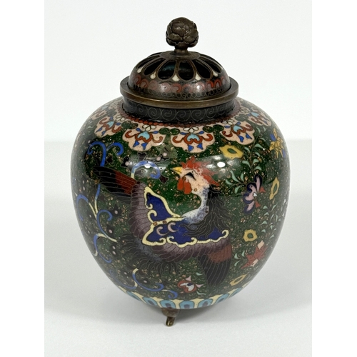 545 - A Japanese cloisonné incense burner, bronze, of ovoid form, decorated with bird on green aventurine ... 