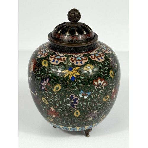 545 - A Japanese cloisonné incense burner, bronze, of ovoid form, decorated with bird on green aventurine ... 