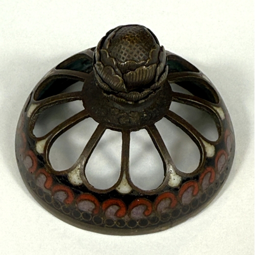 545 - A Japanese cloisonné incense burner, bronze, of ovoid form, decorated with bird on green aventurine ... 