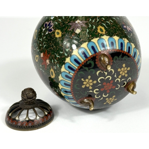 545 - A Japanese cloisonné incense burner, bronze, of ovoid form, decorated with bird on green aventurine ... 