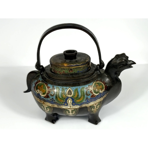 547 - A Chinese bronze wine vessel, in the archaic style, in the form of a rooster, colour enamelled decor... 