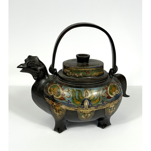 547 - A Chinese bronze wine vessel, in the archaic style, in the form of a rooster, colour enamelled decor... 