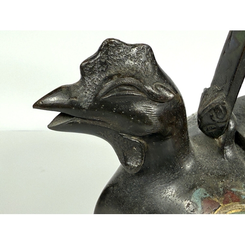 547 - A Chinese bronze wine vessel, in the archaic style, in the form of a rooster, colour enamelled decor... 