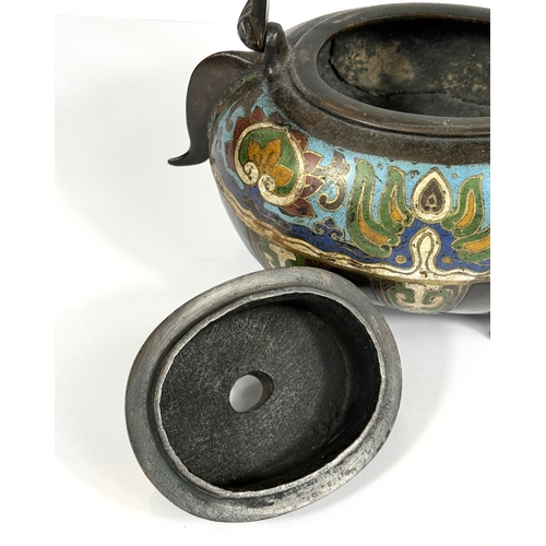 547 - A Chinese bronze wine vessel, in the archaic style, in the form of a rooster, colour enamelled decor... 