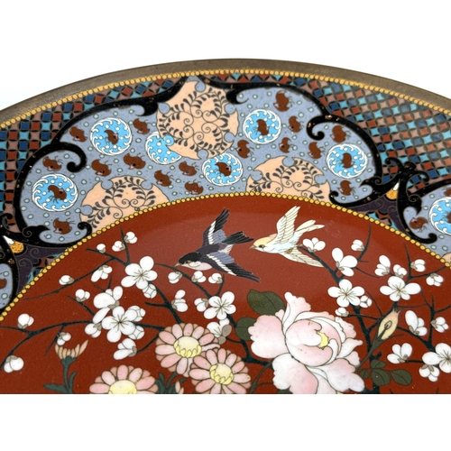 548 - A 19th century Japanese cloisonné dish decorated with birds and flowers in colour enamels, 30cm