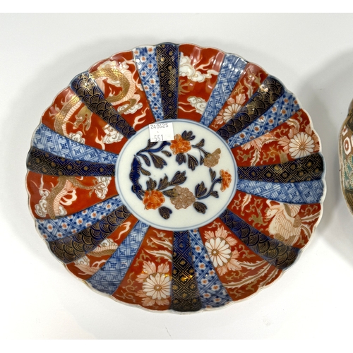 551 - A 19th century Japanese Imari porcelain dish of scalloped form, 22cm, and a similar dish decorated w... 