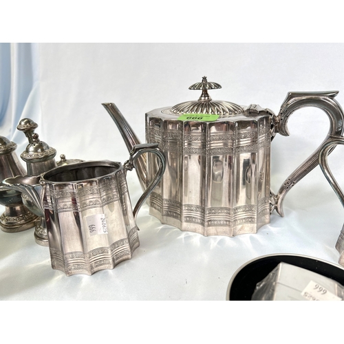 666 - A Victorian silver plated 3 piece tea set and other silver plate; a collection of cigarette lighters... 