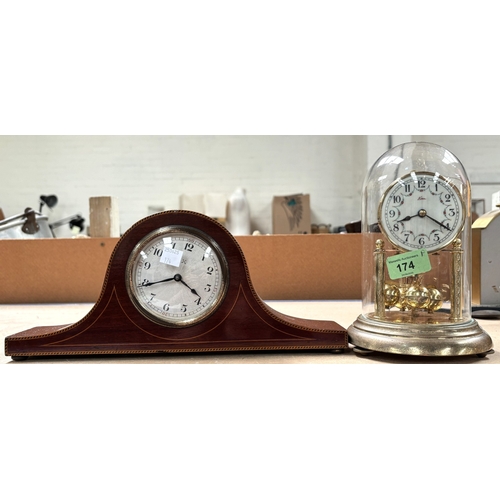 174 - An Edwardian inlaid mantle clock; a 400 day clock.