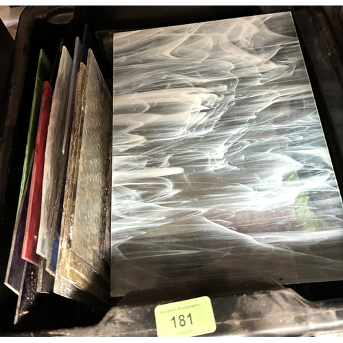 181 - A collection of stained glass pieces with a vintage glass cutter and welder.