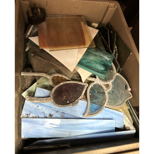 181 - A collection of stained glass pieces with a vintage glass cutter and welder.