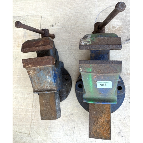 183 - A Record No 3 heavy bench vice, vintage skis, poles etc.