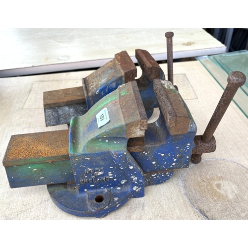 183 - A Record No 3 heavy bench vice, vintage skis, poles etc.