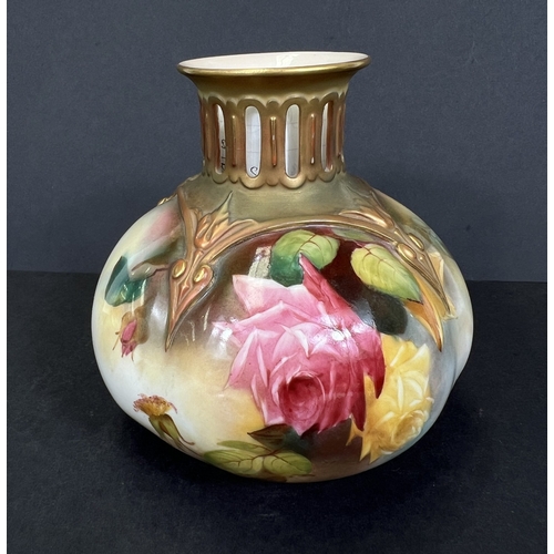 528 - A Royal Worcester hand painted vase, roses on ivory coloured background with gilt highlights, H306