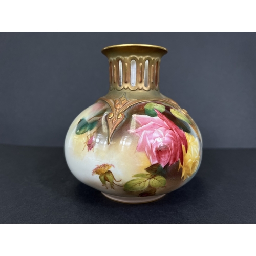 528 - A Royal Worcester hand painted vase, roses on ivory coloured background with gilt highlights, H306