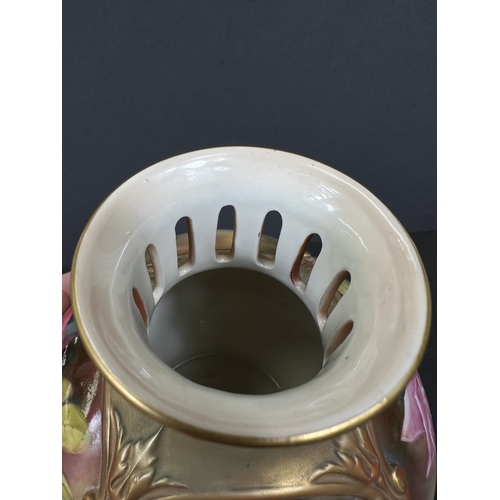 528 - A Royal Worcester hand painted vase, roses on ivory coloured background with gilt highlights, H306