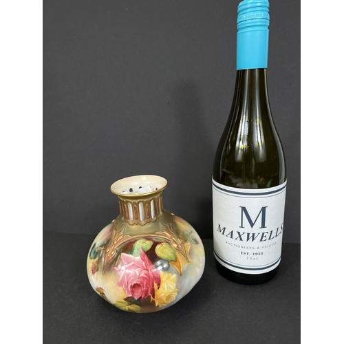 528 - A Royal Worcester hand painted vase, roses on ivory coloured background with gilt highlights, H306
