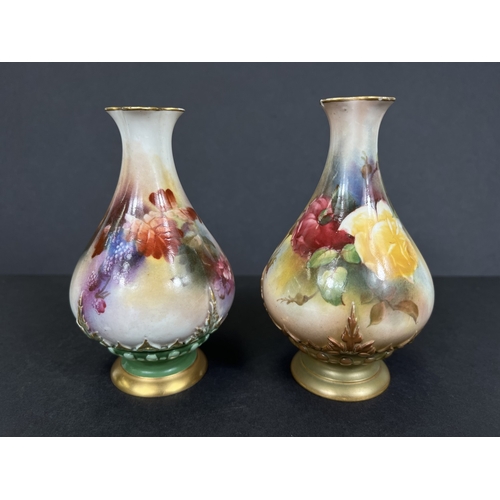 539 - A pair of hand painted Royal Worcester vases, one flowers, one fruit (one chipped rim), a Masons gin... 