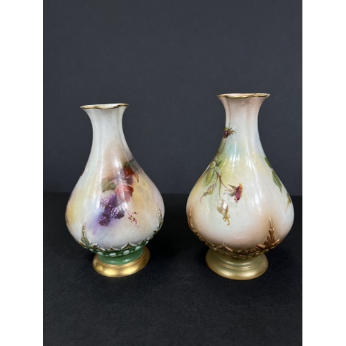 539 - A pair of hand painted Royal Worcester vases, one flowers, one fruit (one chipped rim), a Masons gin... 