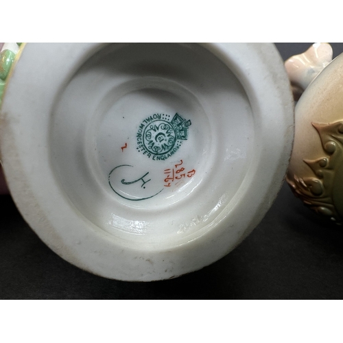539 - A pair of hand painted Royal Worcester vases, one flowers, one fruit (one chipped rim), a Masons gin... 