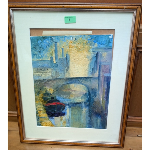 5 - Northern Art, oil, after A. Verlat, canal; two Tom Dodson prints, signed, and two Lowry prints frame... 
