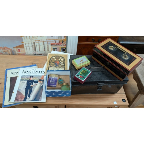 190A - Two vintage lock boxes, one japaned, A collection of vintage playing cards other interesting collect... 