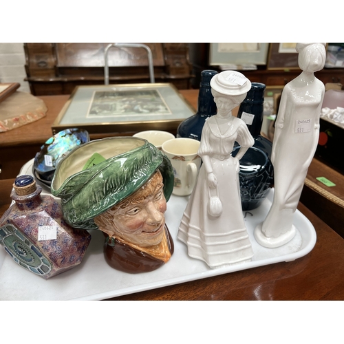 531 - A Royal Doulton character jug, 'Arriet, Spode figures and other decorative pottery etc.