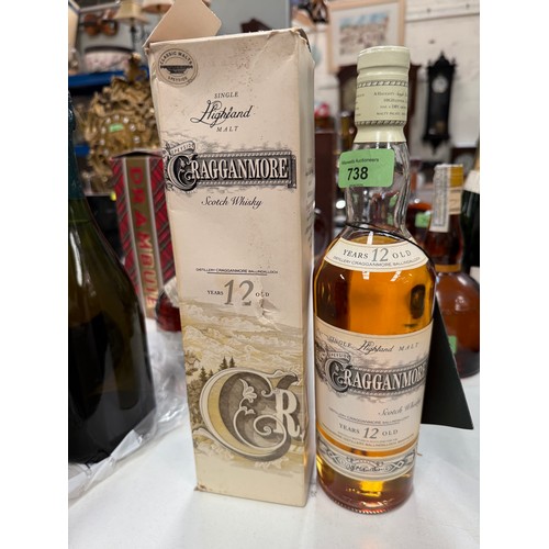738 - A 70cl bottle of 'Cragganmore' single Highland malt whisky, 12 years old (box a/f); a 75cl bottle of... 