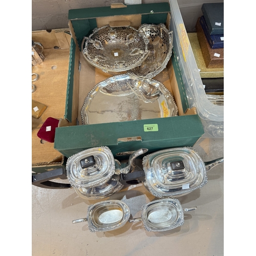 627 - A 19th century EPNS circular tray, 37cm, a Georgian style 4 piece tea service, 2 swing handled cake ... 