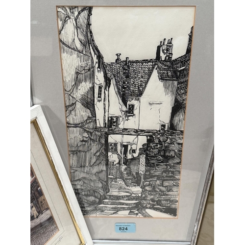 1003 - A pen and ink sketch of a Northern street scene, P. Winnington, 23/750 signed print and a silk.