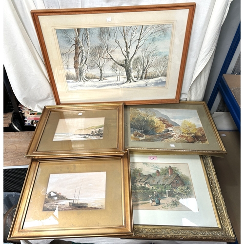 115 - A 19th century watercolour, old woman and girl outside  thatched cottages, signed indistinctly and 4... 