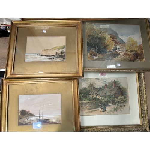 115 - A 19th century watercolour, old woman and girl outside  thatched cottages, signed indistinctly and 4... 