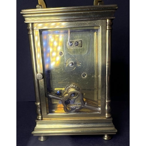 27 - A brass carriage clock with white dial and timepiece movement, height 13cm; 2 small cloisonnee ashtr... 
