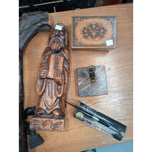 74 - An Irish club, wooden figure and other small collectables.