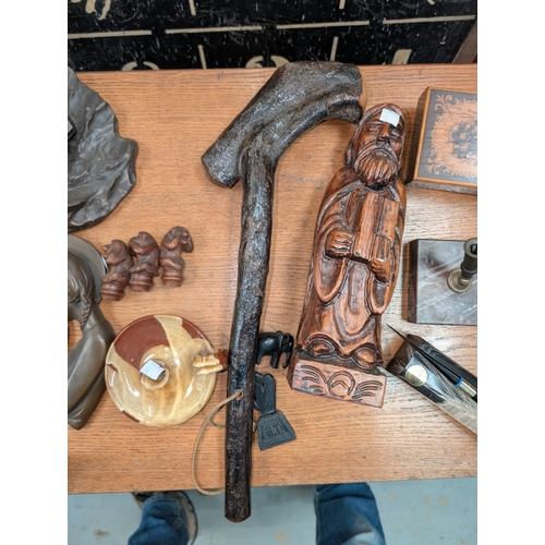 74 - An Irish club, wooden figure and other small collectables.