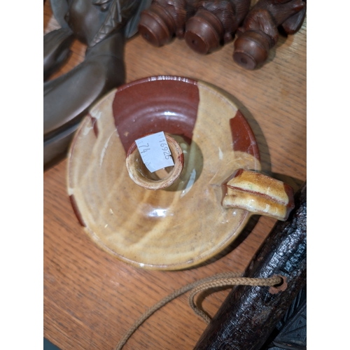 74 - An Irish club, wooden figure and other small collectables.