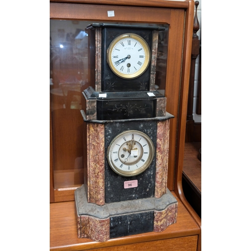 96 - A 19th century slate mantle clock with original columns, 8 day French drum movement with visible esc... 