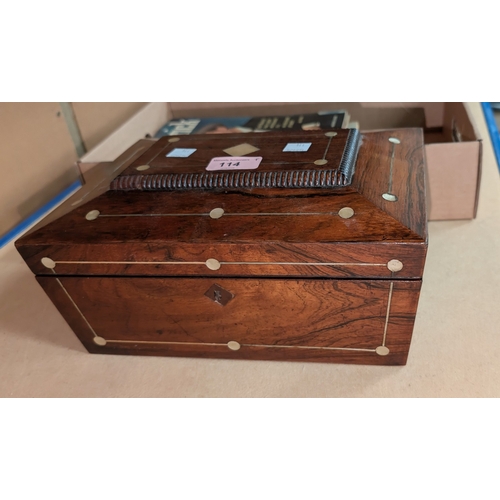 114 - Victorian rosewood Sewing Box with mother of pearl decoration.