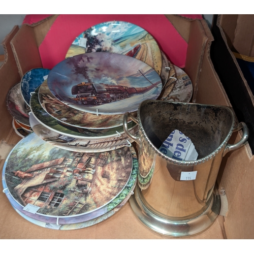 86 - A silver plated champagne bottle holder; 11 collectors plates and other miniature and decorative chi... 
