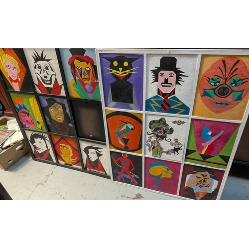 106 - A modern 20th century school, 9 oils in small panels each decorated with grotesque face mask or figu... 
