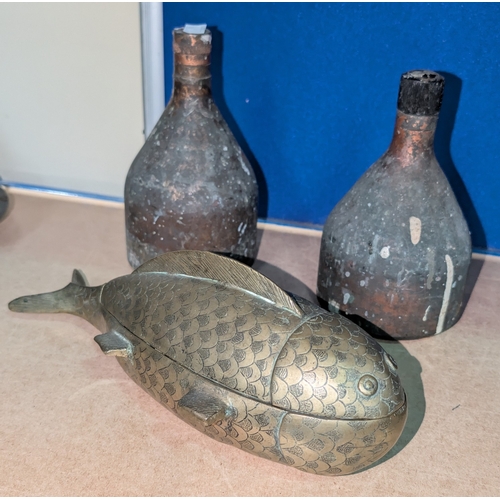 34A - An unusual Japanese brass box in the form of a fish with two vintage copper bottles