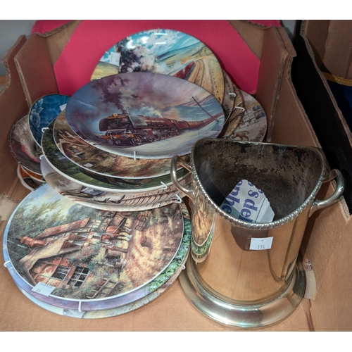 86 - A silver plated champagne bottle holder; 11 collectors plates and other miniature and decorative chi... 