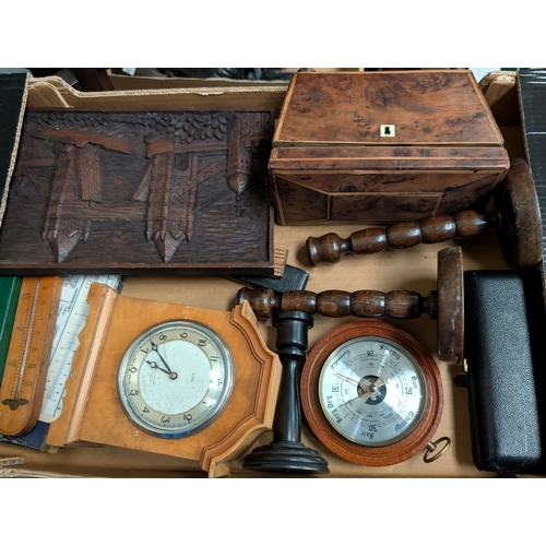 18 - A 19th century tea caddy, eight day clock, barometer and other collectables...