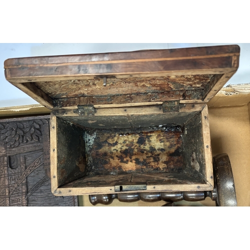 18 - A 19th century tea caddy, eight day clock, barometer and other collectables...