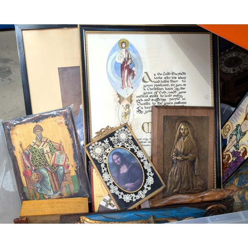 17 - A collection of rosary bead necklaces, religious icons panels, brass crucifix etc....