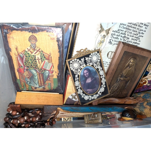 17 - A collection of rosary bead necklaces, religious icons panels, brass crucifix etc....