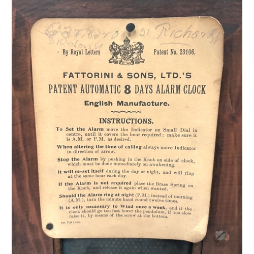 22A - 8 Day Fattorini alarm clock in oak case, silvered dial, with key, circa 1909....