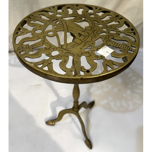 1 - An oak fall front writing box with fitted interior and a brass trivet....